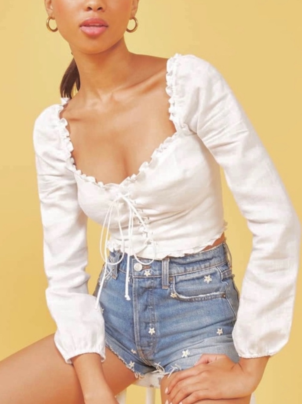 Reformation White Linen Proust Top Lace-Up Ruffle Size 2